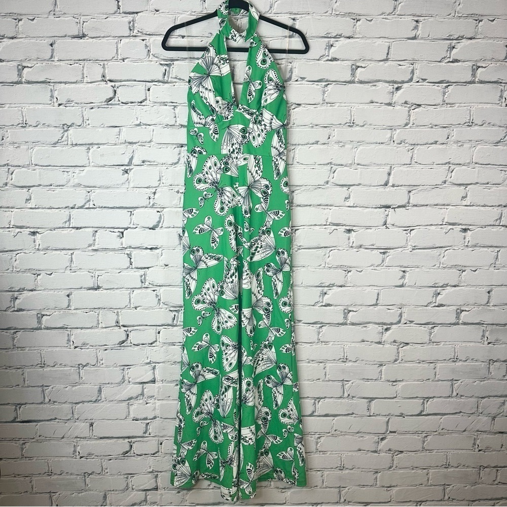 Unique Vintage Smak Parlour Butterfly Halter Flare Jumpsuit Green Medium 6/8 70s - Picture 2 of 13